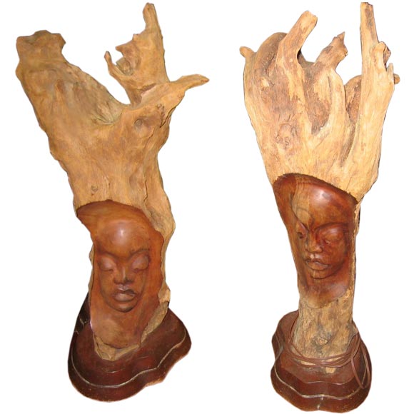 Pair of wood carved lamps