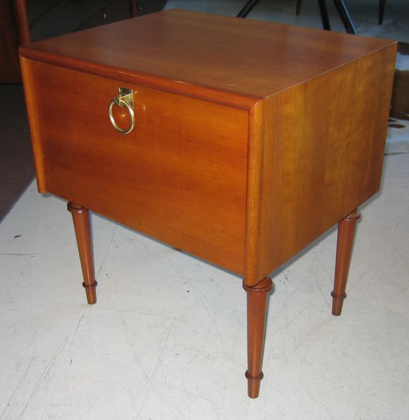 Wonderful Parzinger Originals end tables, with turned legs, drop front storage, and classic Parzinger hardware.  Part of a 7-piece bedroom set photographed for a 1952 Interiors Magazine spread.