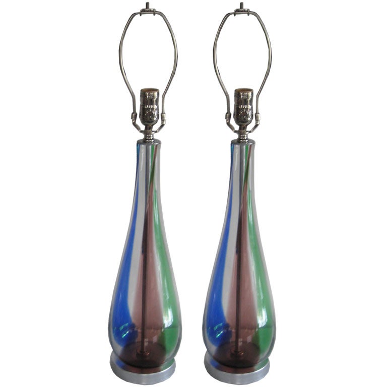 Pair of Colorful Murano Glass Lamps For Sale