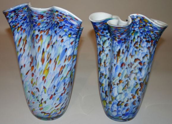 Large pair multicolored glass handkerchief vases.