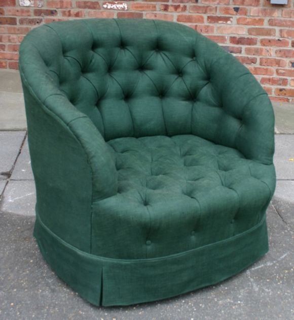 Gorgeous barrel-back tufted armchair in vintage linen. Great legs. Attributed to James Mont.