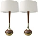 Pair Walnut and Brass Laurel Lamps