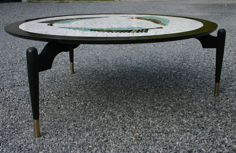 Round Italian tile coffee table; refinished espresso wood finish; metallic gold, turquoise, black and white glazed tiles. Great silhouette.