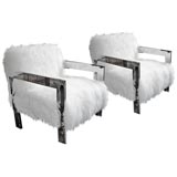 Chrome and Mongolian Lamb Arm Chairs by Milo Baughman