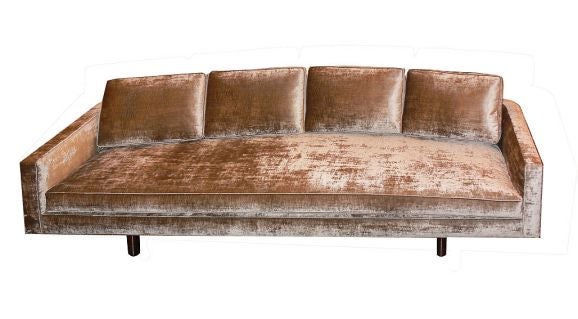 A labled Dunbar sofa (with original Dunbar signature ticking preserved) re-upholstered in champagne-gold silk and linen velvet.