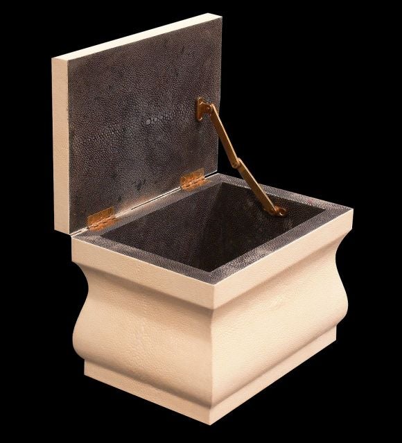 A beautiful real shagreen box signed and labelled by Karl Springer with brass tag. The S-curved mahogany box with canted top is covered on the exterior with exquisitely matched ivory shagreen. The interior in black shagreen with bronze mounts.