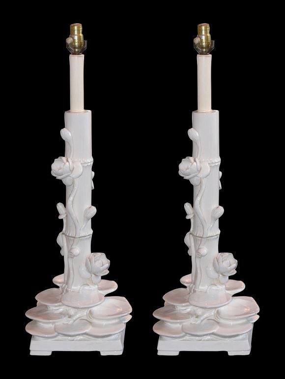 Italian Pair Porcelain Lotus Lamps