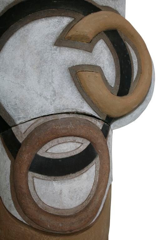 Monumental standing TOTEM Tribesman by Elaine Katzer. Unglazed stoneware overpainted in Katzer’s signature neutral tones of black and white. One of a series of five unique TOTEM sculptures. Documented in California design: The Legacy of West Coast