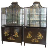 Vintage A Pair of 50's Chinioserie Decorated Black Lacquer Cabinets