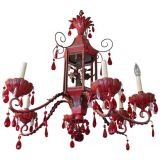 A Chinoserie Style Red Tole Peinte Six Light Chandelier
