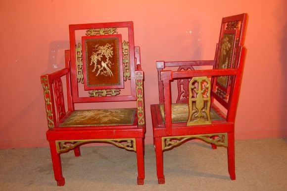 A Pair of Chinese Style Parcel-Gilt Red Lacquer Armchairs
