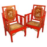 A Pair of Chinese Style Parcel-Gilt Red Lacquer Armchairs