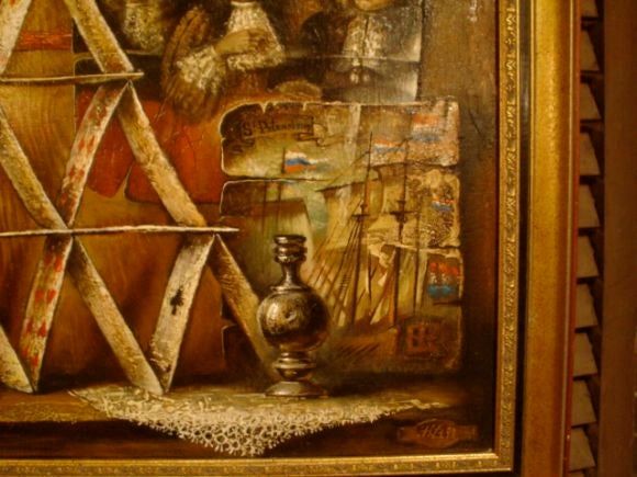 A TROMPE L'OEIL PAINTING OF CARDS AND OTHER OBJECT, SIGNED LOWER RIGHT