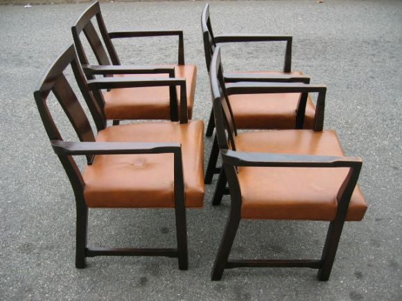 A set of six (four shown), Edward Wormley for Dunbar dining chairs (all have arms) in the Chinese style.