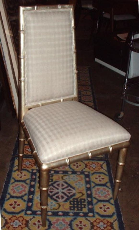 a sET OF 4 SILVERED WOOD FAUX BAMBOO DINING / CARD CHAIRS<br />
REUPHOLSTERED WITH NATURAL LINEN,WITH A LIGHT CHECKED PATTERN<br />
PRICE FOR SET OF 4 IS 2800