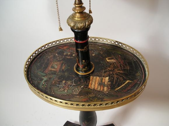 Coramandel Bronze Galleried and Mounted Tray Table Lamp with Tripartite Base and Paw Feet.