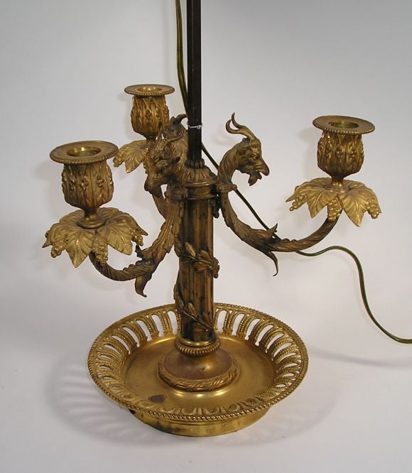 Louis XVI Large Gilt Bronze Rams Head 3 Lite bouillotte Lamp with Red painted Tole Shade.