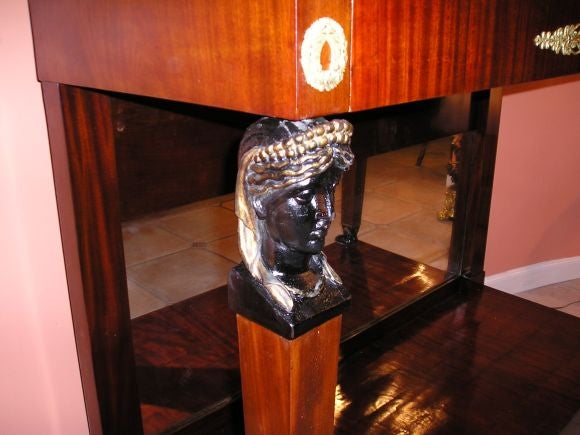 Empire Mahogany Mirror Back Pier Table w/ Sphinx Head Columns and Brass Mounts.