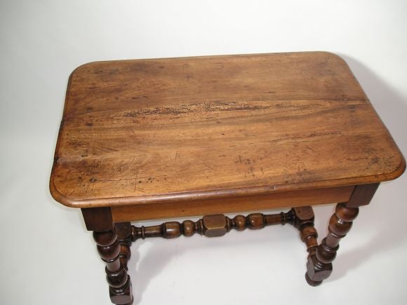 William and Mary Walnut One Drawer Tavern Table w/ Turned Legs and Stretcher.
