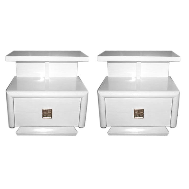 Pair of White Lacquered Nightstands with Nickel Pulls at 1stDibs