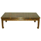 Black Lacquer Low Table w. Gold Gilt Landscape Motif