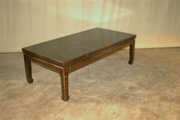 Black Lacquer Low Table w. Gold Gilt Landscape Motif