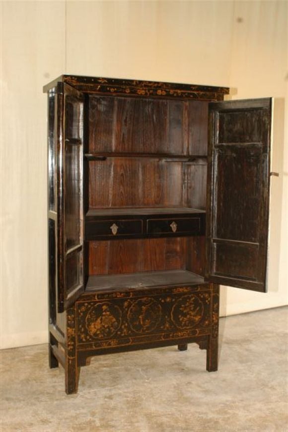 Black Lacquer Armoire With Gold Gilt Landscape Motif