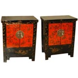 Antique A Pair Of Black Lacquer Chests With Red Lacquer Doors & Motif