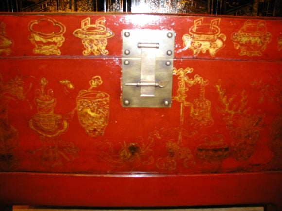 (Pair Available) Red Lacquer Trunk With Gold Gilt Floral Motif