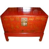 (Pair Available) Red Lacquer Trunk With Gold Gilt Floral Motif