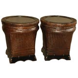 A Pair Of Bamboo Woven Canisters With Black Lacquer Top