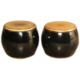 Antique A Pair Of Black Lacquer Drums / Stools