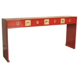 Antique Red Lacquer Table With Four Drawers & Brass Fitting