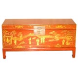 Large Red Lacquer Trunk With Gold Gilt Theatrical Motif