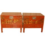 A Pair Of Red Lacquer Trunk With Gold Gilt Theatrical Motif