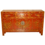 Used Red Lacquer Sideboard With Gold Gilt Floral Motif