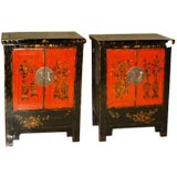 A Pair of Black & Red Lacquer Chests With Painted Motifs