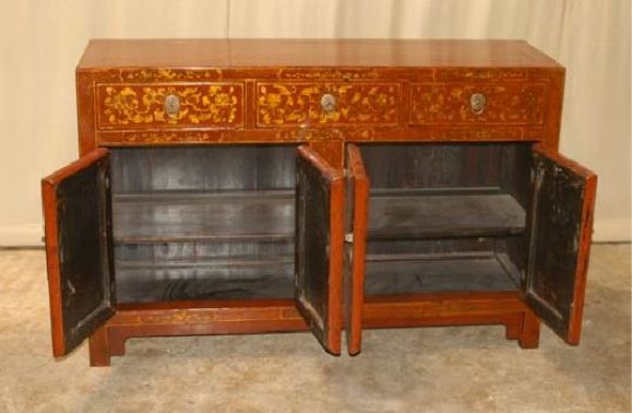 A Red Lacquer Sideboard With Fine Gold Gilt Floral Motif