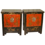 A Pair Of Black Lacquer Chests With Red Lacquer Doors