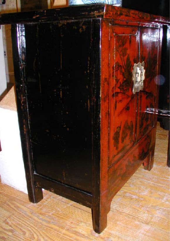 A Pair Of Red Lacquer Chests With Black Lacquer Top & Sides