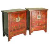 A Pair Of Red Lacquer Chests With Black Lacquer Top & Sides