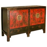 Antique Black Lacquer Sideboard With Red Lacquer Doors & Floral Motif