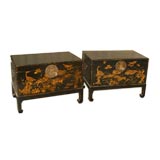 A Pair Of Black Lacquer Trunks With Gold Gilt Motif