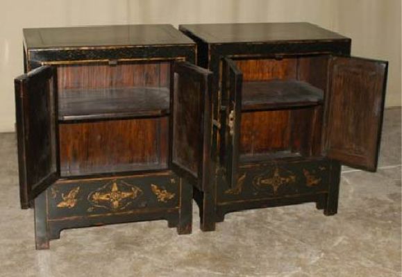 A Pair Of Black Lacquer Chests With Gold Gilt Butterfly Motif