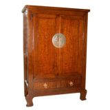 Antique Ju Mu Wood Armoire With Framed Burl Wood Doors & Drawers