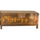 Large Black Lacquer Trunk With Gold Gilt Motif