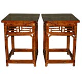 A Pair Of Square Bamboo Pedestals With Black Lacquer Top