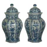 A Pair of Hexgonal Shape Blue 
White Porcelain Jars with Covers
