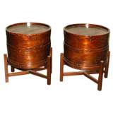 A Pair Of Round Cypress 2 Tiers Canisters On Stands