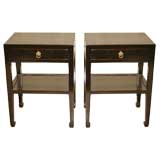 A Pair of Black Lacquer Pedestal / End Table With Shelf & Drawer